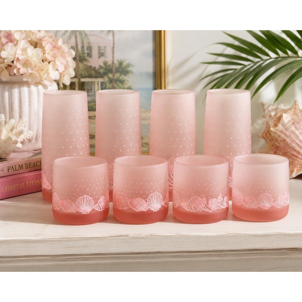 Vintage Pink Frosted Shell Glasses Set of 8 Coastal Glasses